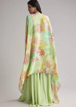 Pista Green Floral Cape Set With Crop Top And Palazzo