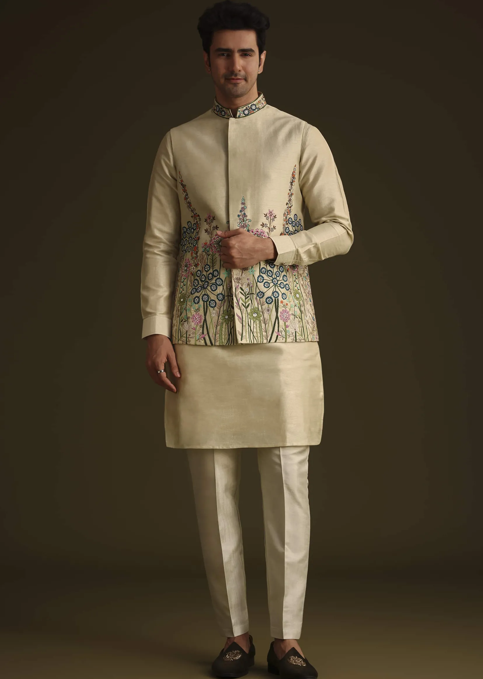 Pista Green Floral Embroidered Jacket Set