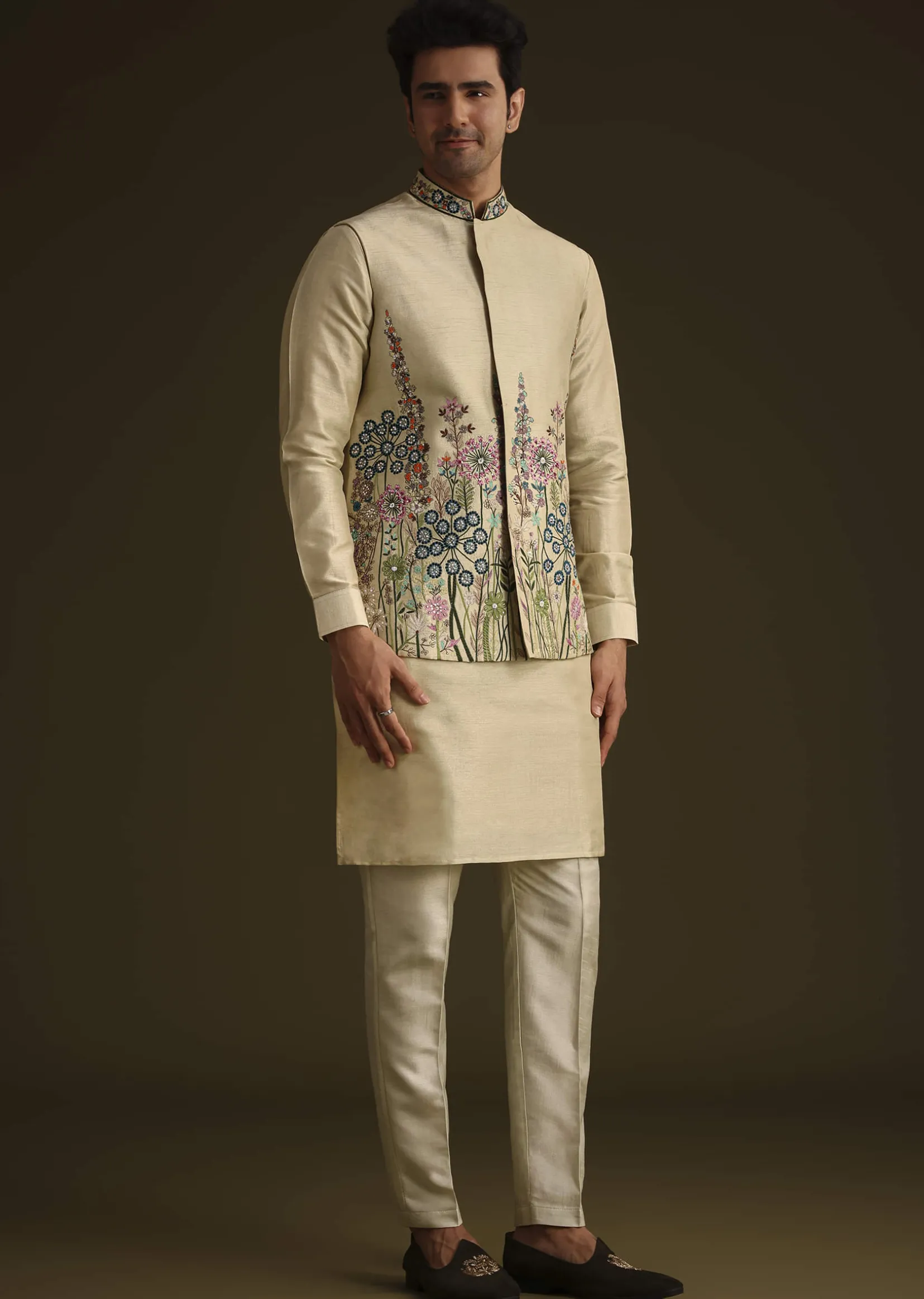 Pista Green Floral Embroidered Jacket Set