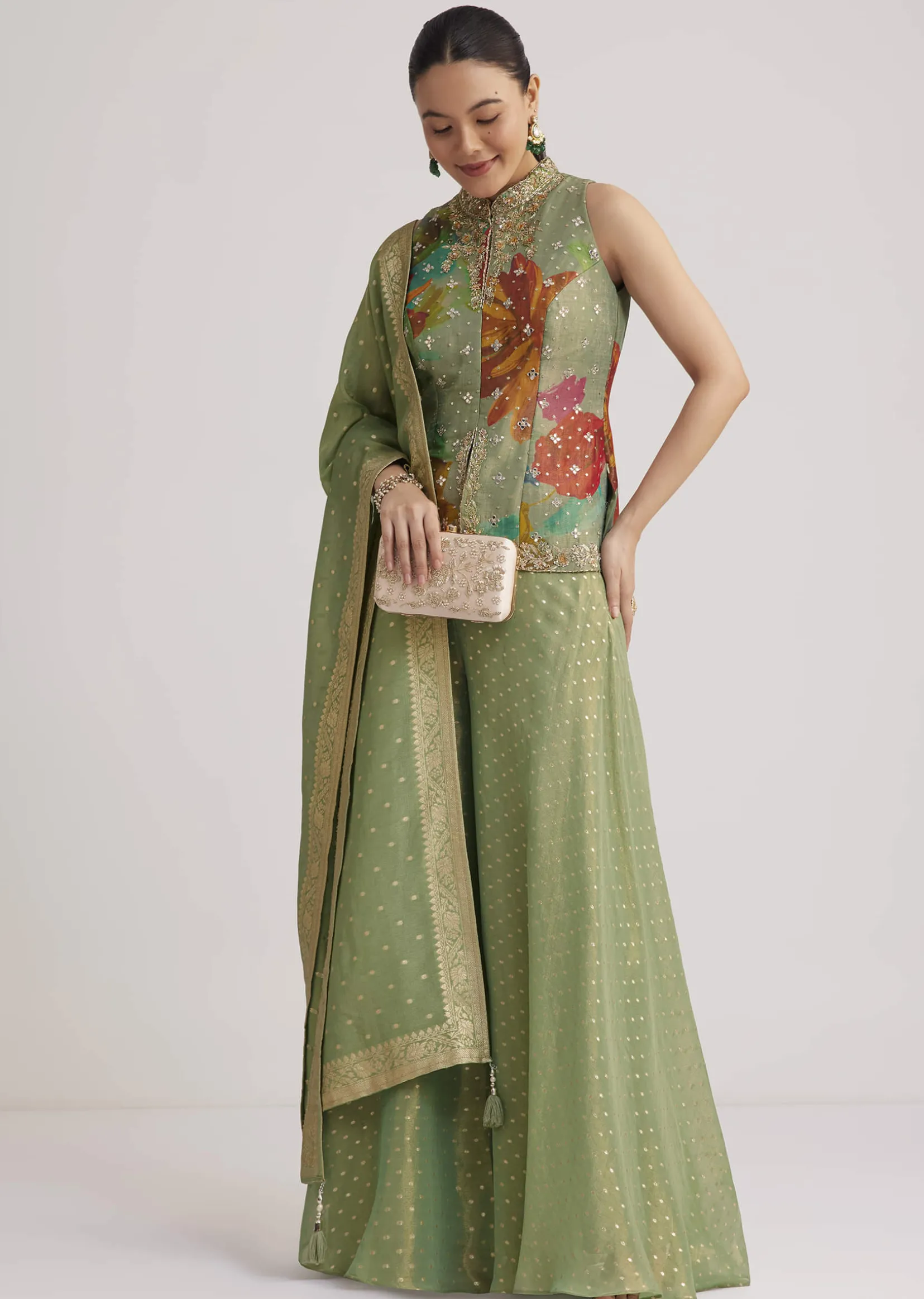 Pista Green Floral Embroidered Palazzo Set