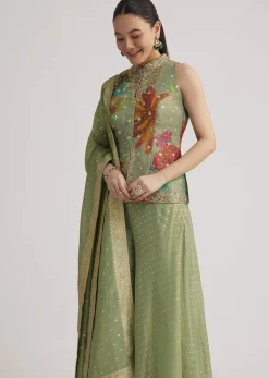 Pista Green Floral Embroidered Palazzo Set