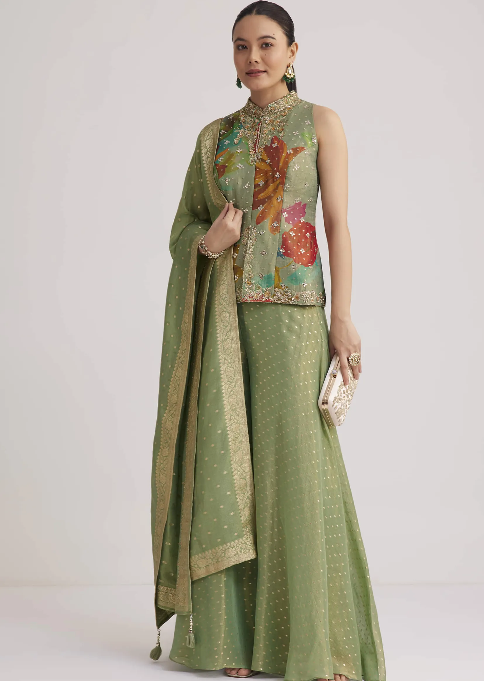 Pista Green Floral Embroidered Palazzo Set
