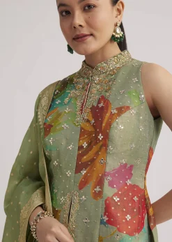 Pista Green Floral Embroidered Palazzo Set