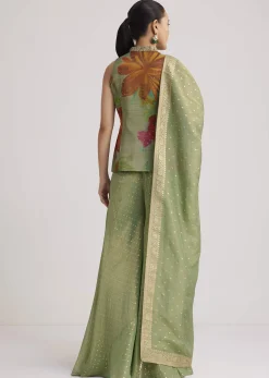 Pista Green Floral Embroidered Palazzo Set