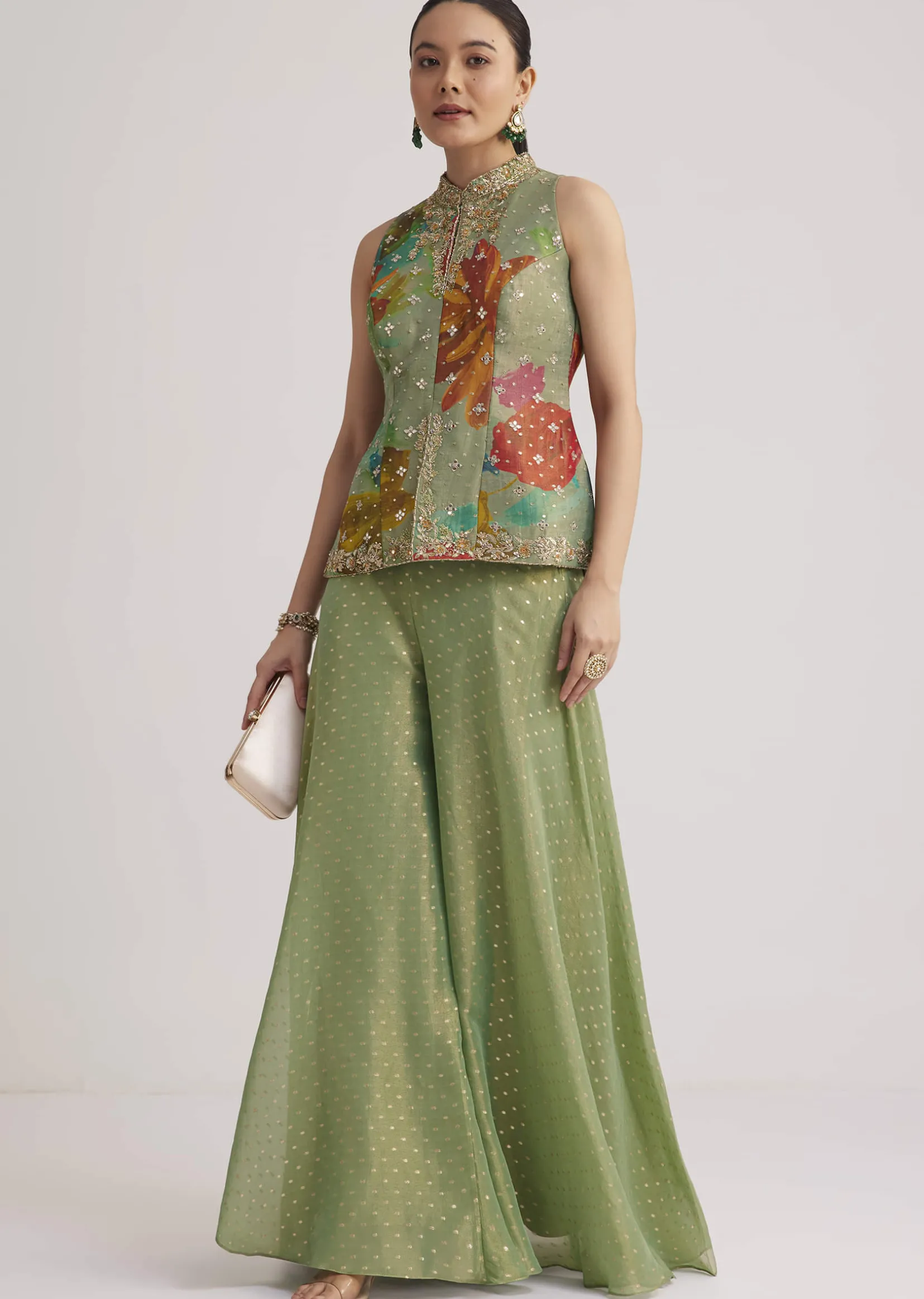 Pista Green Floral Embroidered Palazzo Set