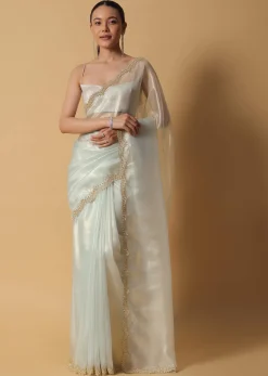 Pista Green Foil Saree In Tissue With Cut Dana Embroidered Borders