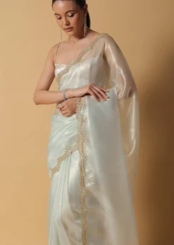 Pista Green Foil Saree In Tissue With Cut Dana Embroidered Borders
