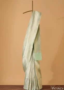 Pista Green Handloom Banarasi Saree In Uppada Silk With Brocade Weave And Unstitched Blouse