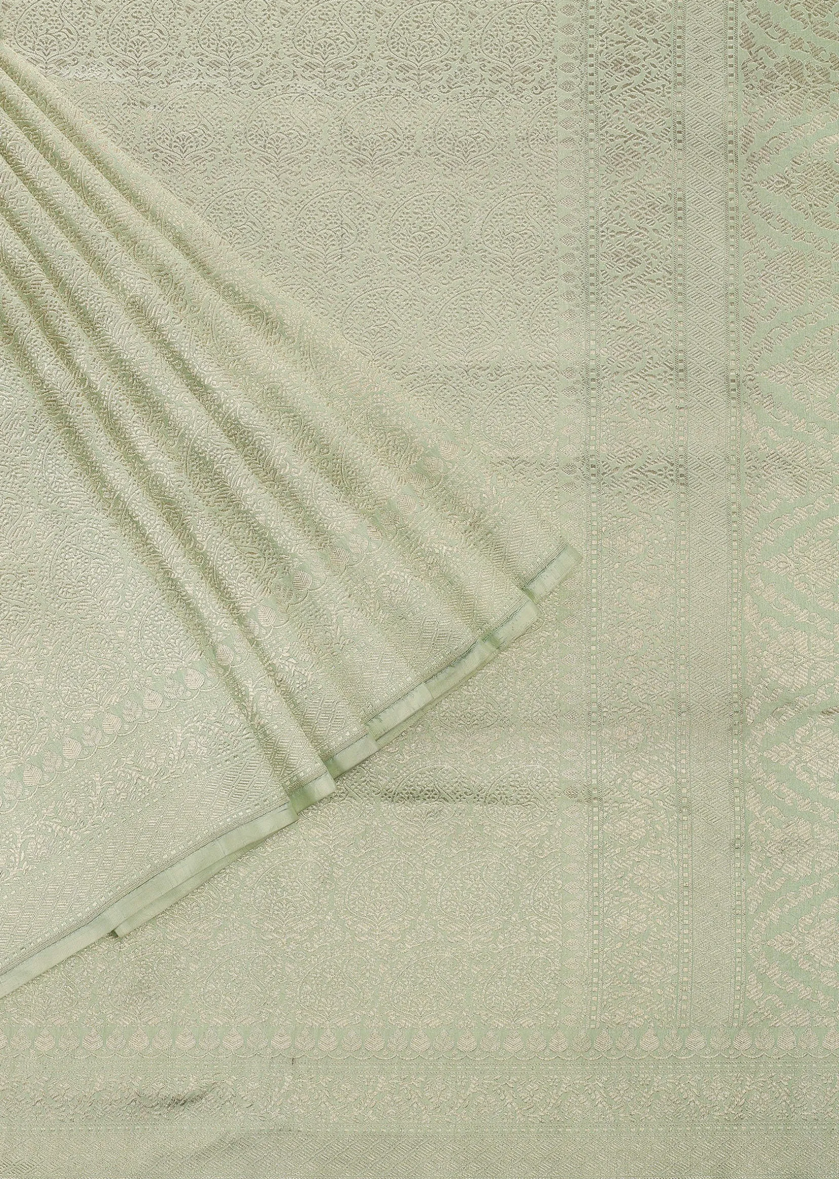 Pista Green Handloom Banarasi Saree In Uppada Silk With Brocade Weave And Unstitched Blouse