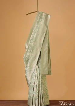 Pista Green Handloom Banarasi Saree In Katan Silk With Meenakari Weave And Unstitched Blouse