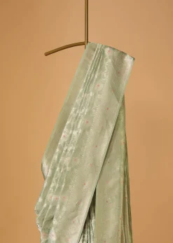 Pista Green Handloom Banarasi Saree In Katan Silk With Meenakari Weave And Unstitched Blouse