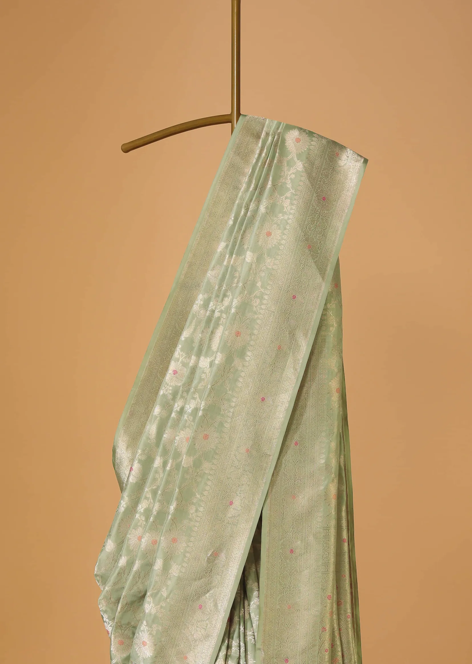 Pista Green Handloom Banarasi Saree In Katan Silk With Meenakari Weave And Unstitched Blouse