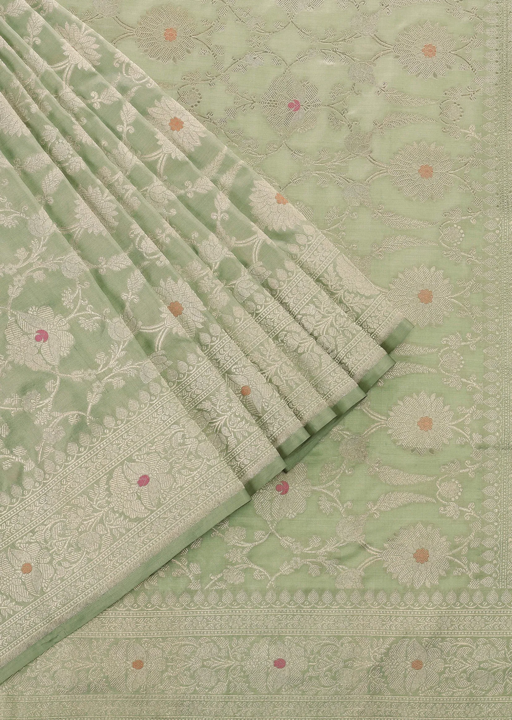 Pista Green Handloom Banarasi Saree In Katan Silk With Meenakari Weave And Unstitched Blouse