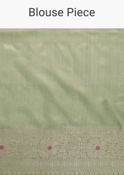 Pista Green Handloom Banarasi Saree In Katan Silk With Meenakari Weave And Unstitched Blouse
