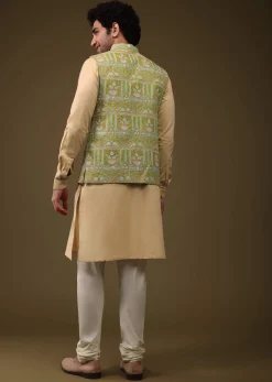 Pista Green Jacket Kurta Set In Art Silk With Threadwork