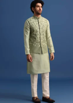 Pista Green Kurta Jacket Set With Resham Work For Men