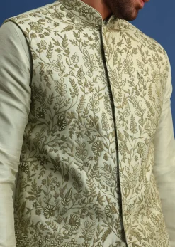 Pista Green Kurta Jacket Set With Resham Work For Men