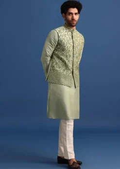 Pista Green Kurta Jacket Set With Resham Work For Men
