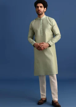 Pista Green Kurta Jacket Set With Resham Work For Men