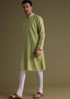 Pista Green Kurta Set In Silk With Mirror Embroidery