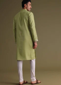 Pista Green Kurta Set In Silk With Mirror Embroidery