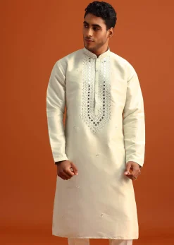 Pista Green Kurta Set In Silk With Mirror Embellishments