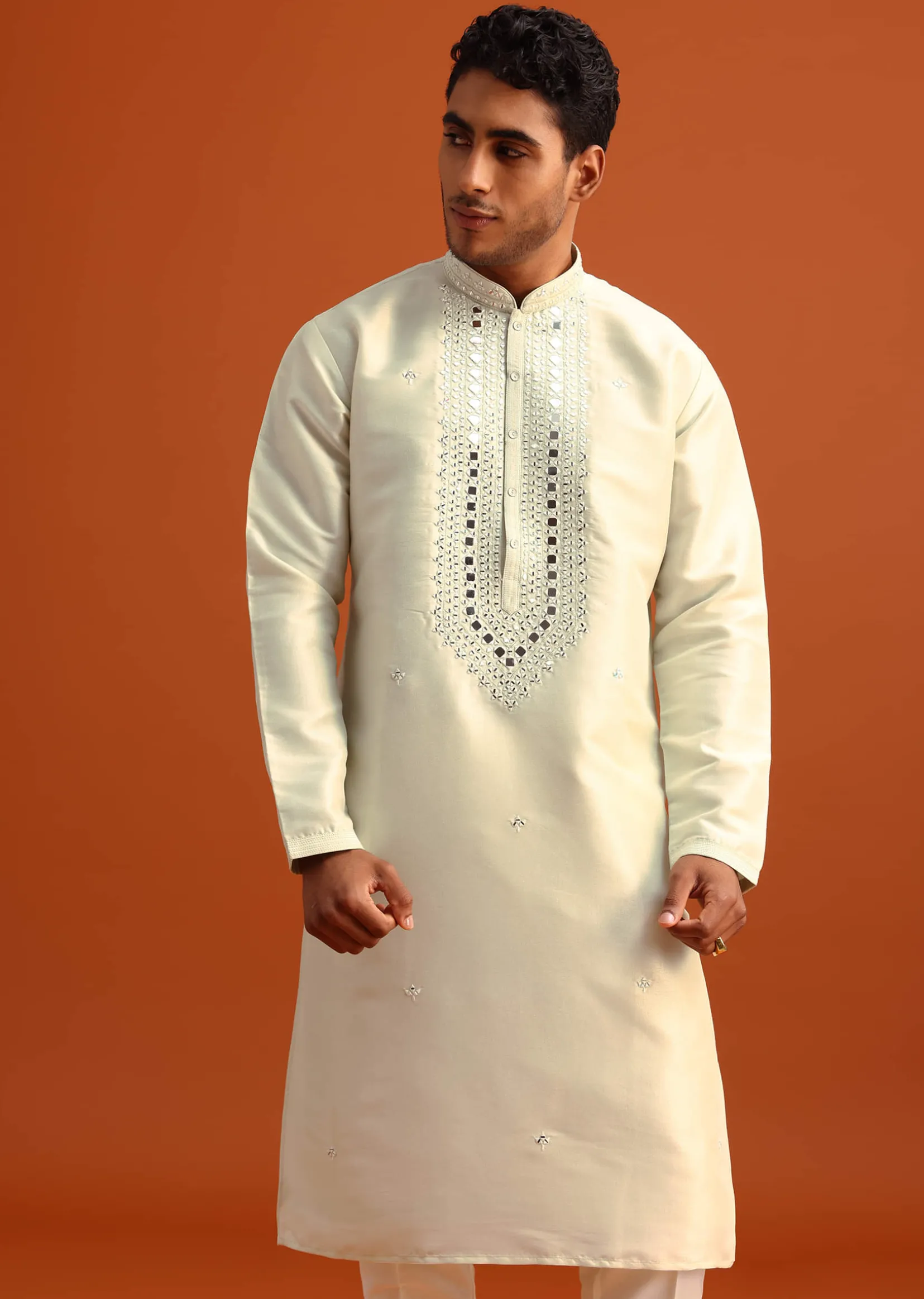 Pista Green Kurta Set In Silk With Mirror Embellishments