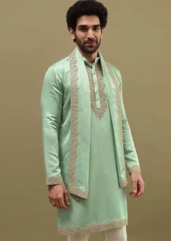 Pista Green Kurta Set In Resham Work With Dupatta For Men