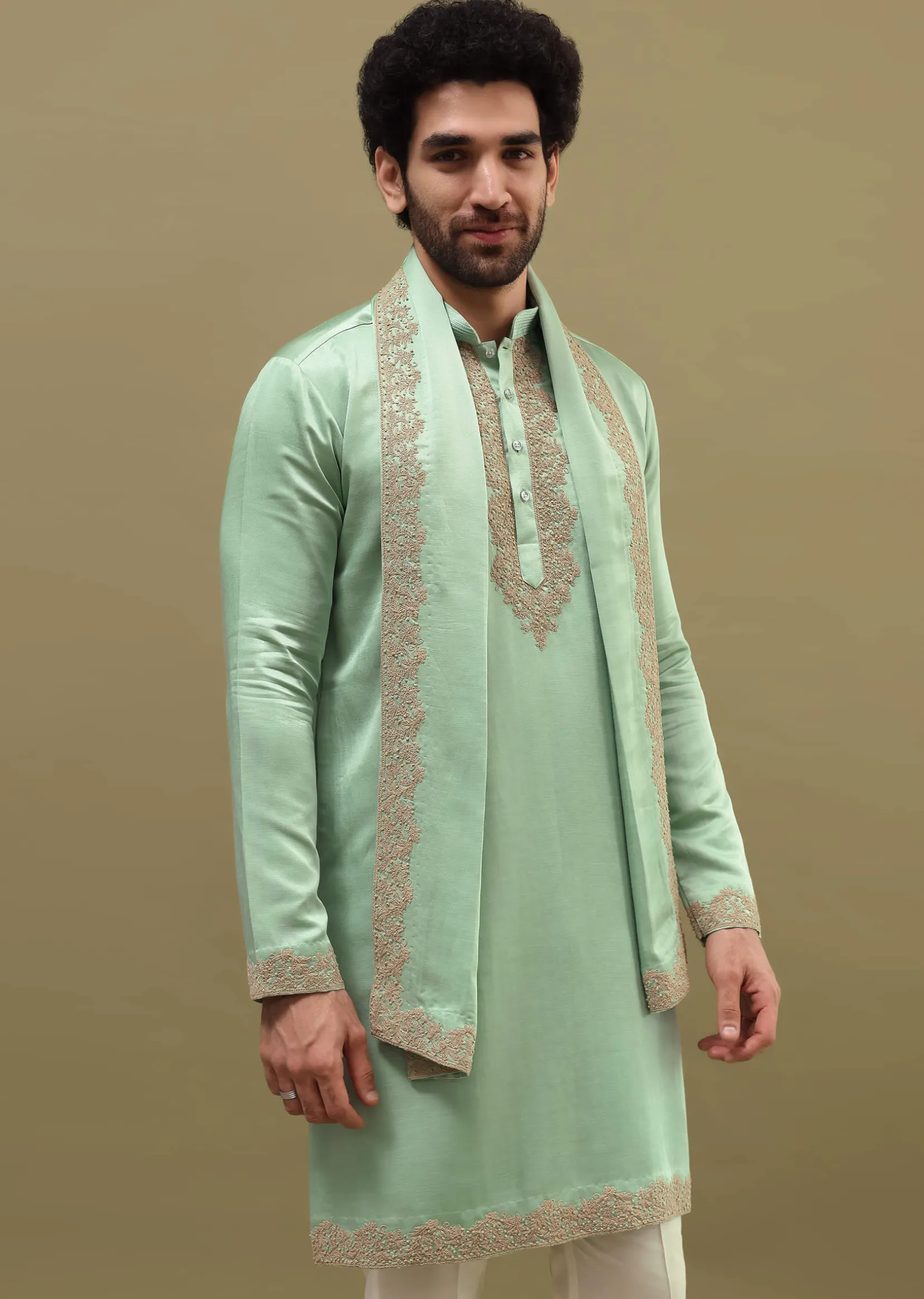 Pista Green Kurta Set In Resham Work With Dupatta For Men