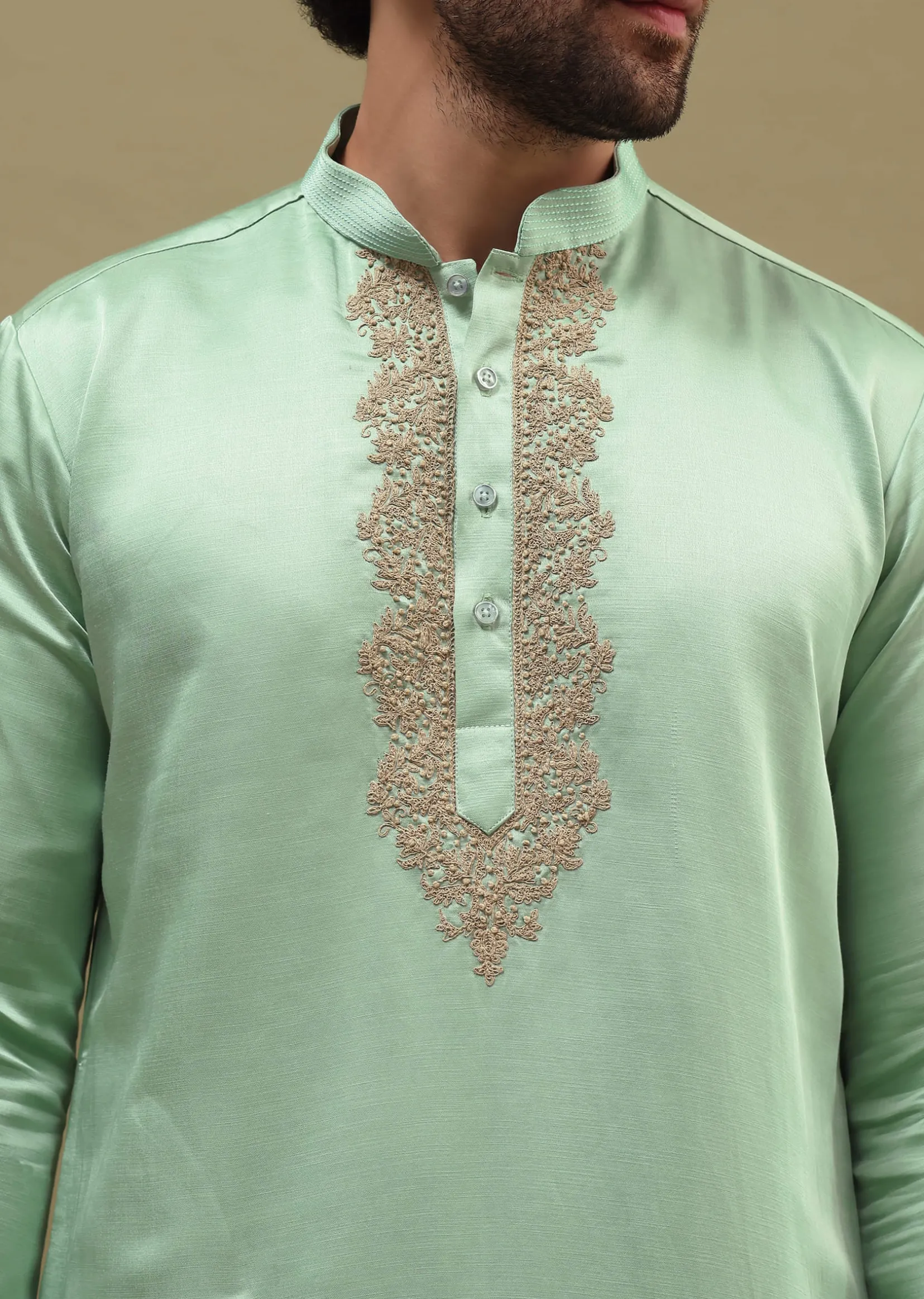 Pista Green Kurta Set In Resham Work With Dupatta For Men