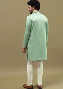 Pista Green Kurta Set In Resham Work With Dupatta For Men