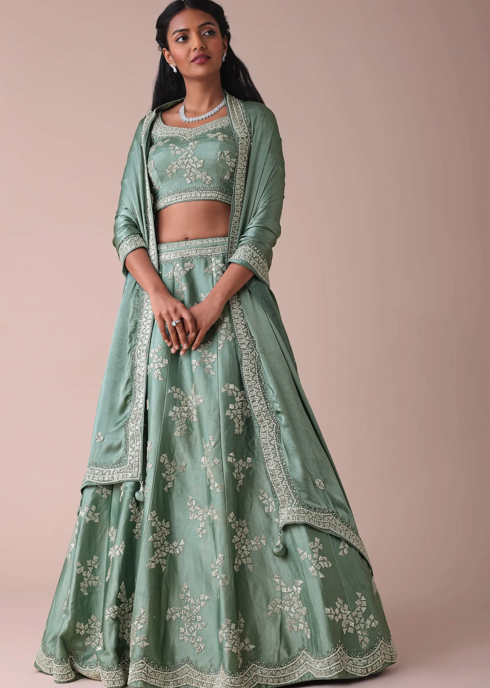 Pista Green Lehenga With Handwork Embroidery