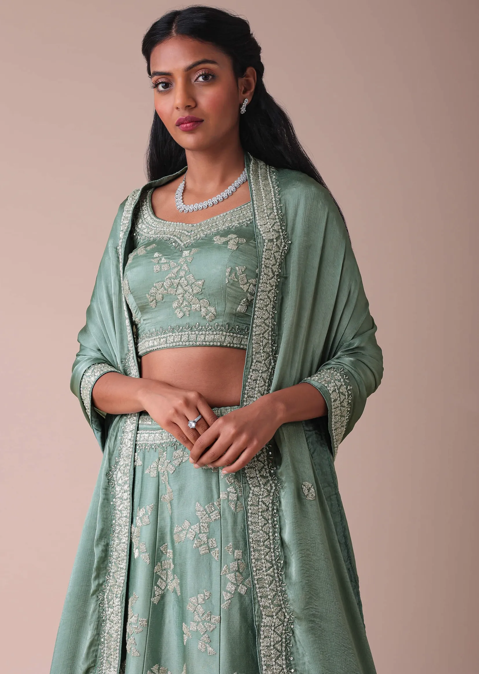 Pista Green Lehenga With Handwork Embroidery