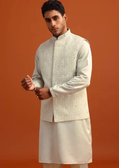 Pista Green Linen Satin Mirror Work Jacket Kurta Set