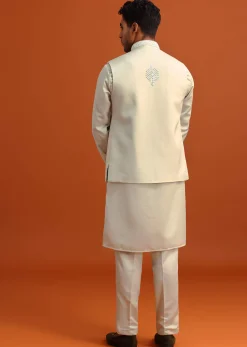 Pista Green Linen Satin Mirror Work Jacket Kurta Set