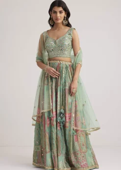 Pista Green Mirror And Zari Embroidered Lehenga Set