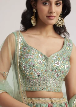 Pista Green Mirror And Zari Embroidered Lehenga Set