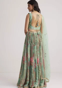 Pista Green Mirror And Zari Embroidered Lehenga Set