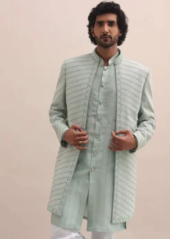 Pista Green Moti Embroidered Indowestern For Men