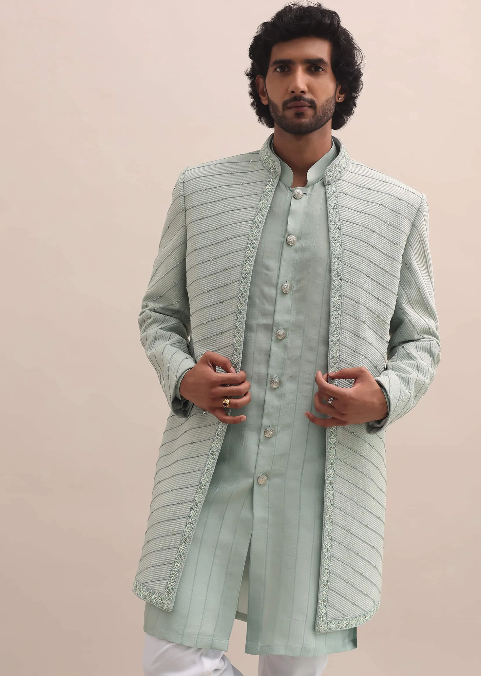 Pista Green Moti Embroidered Indowestern For Men