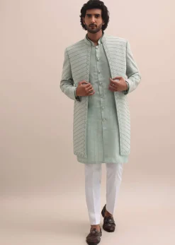 Pista Green Moti Embroidered Indowestern For Men