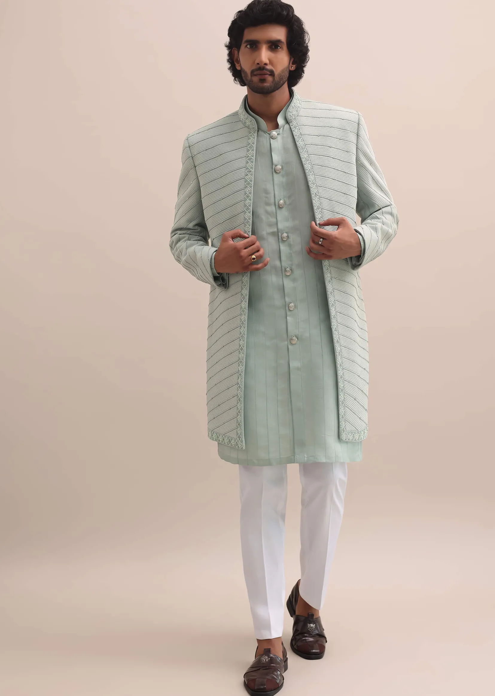 Pista Green Moti Embroidered Indowestern For Men