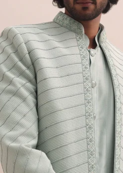 Pista Green Moti Embroidered Indowestern For Men