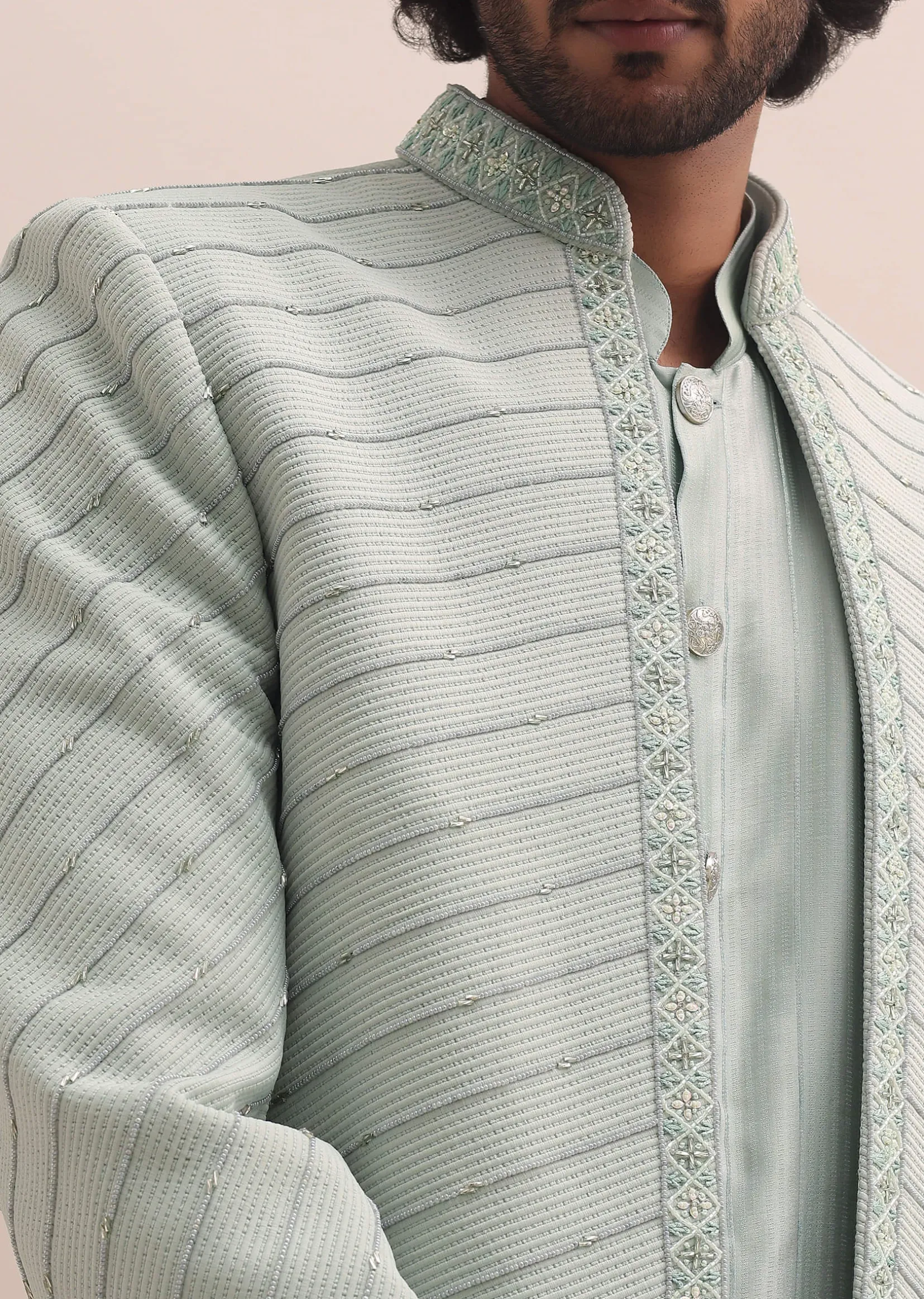 Pista Green Moti Embroidered Indowestern For Men