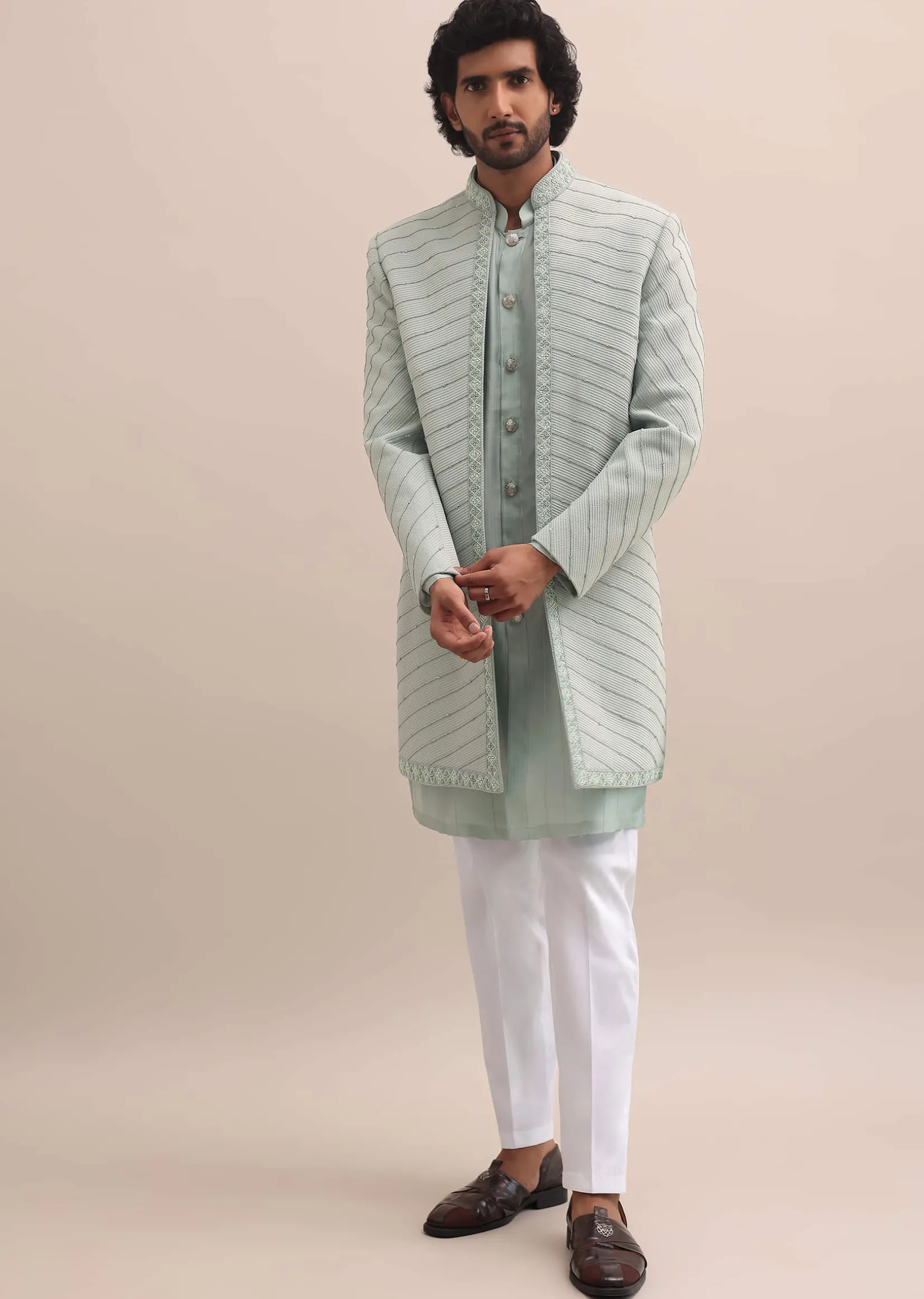 Pista Green Moti Embroidered Indowestern For Men