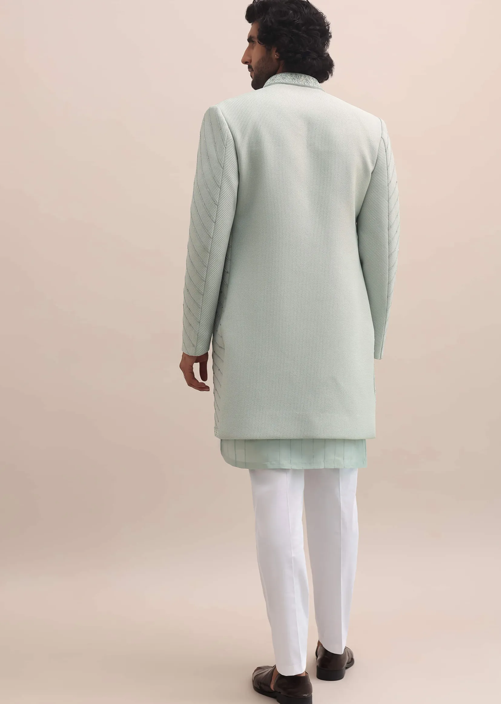 Pista Green Moti Embroidered Indowestern For Men
