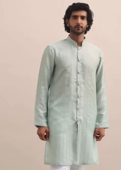 Pista Green Moti Embroidered Indowestern For Men