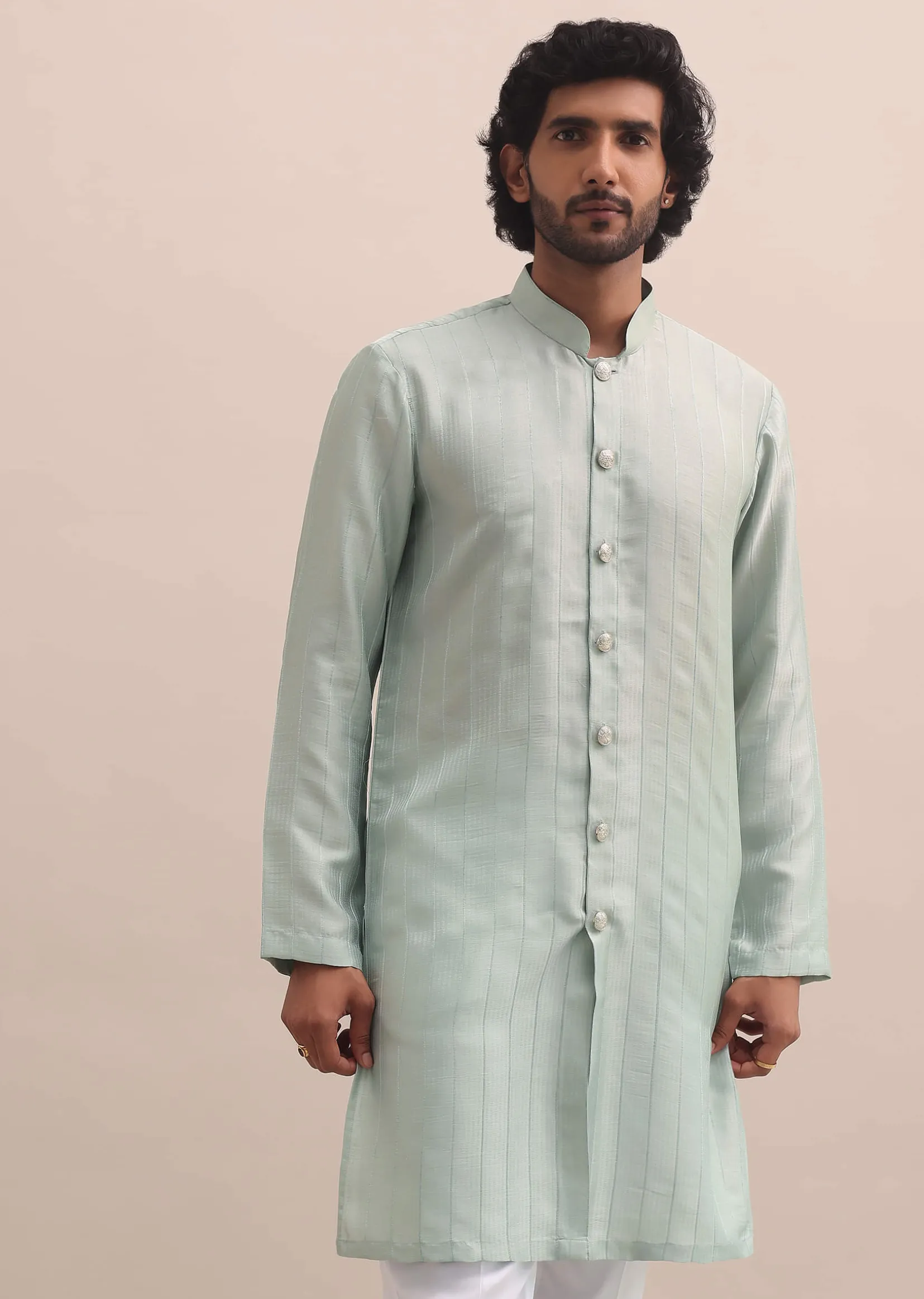 Pista Green Moti Embroidered Indowestern For Men