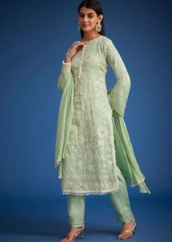 Pista Green Organza Embroidered Straight Kurta Set