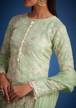 Pista Green Organza Embroidered Straight Kurta Set